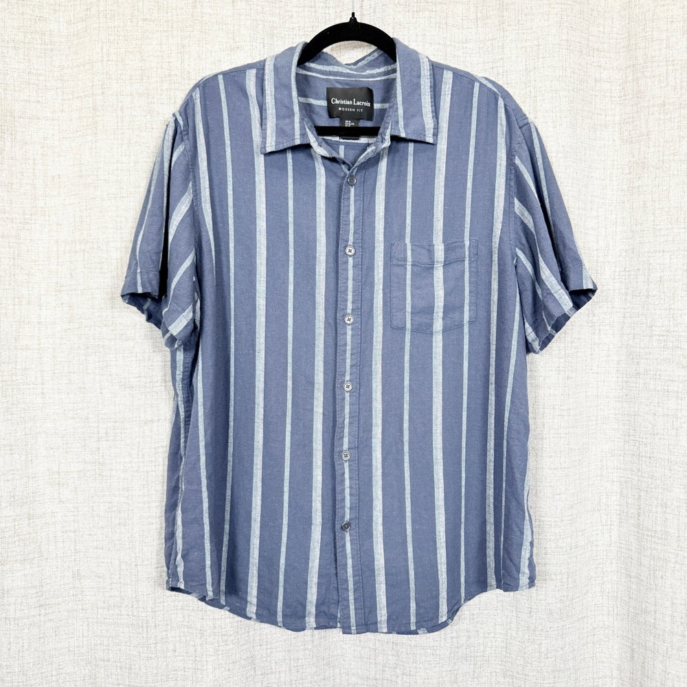 Christian Lacroix Striped Linen Blend Button Down Shirt XL Beachy Coastal Resort